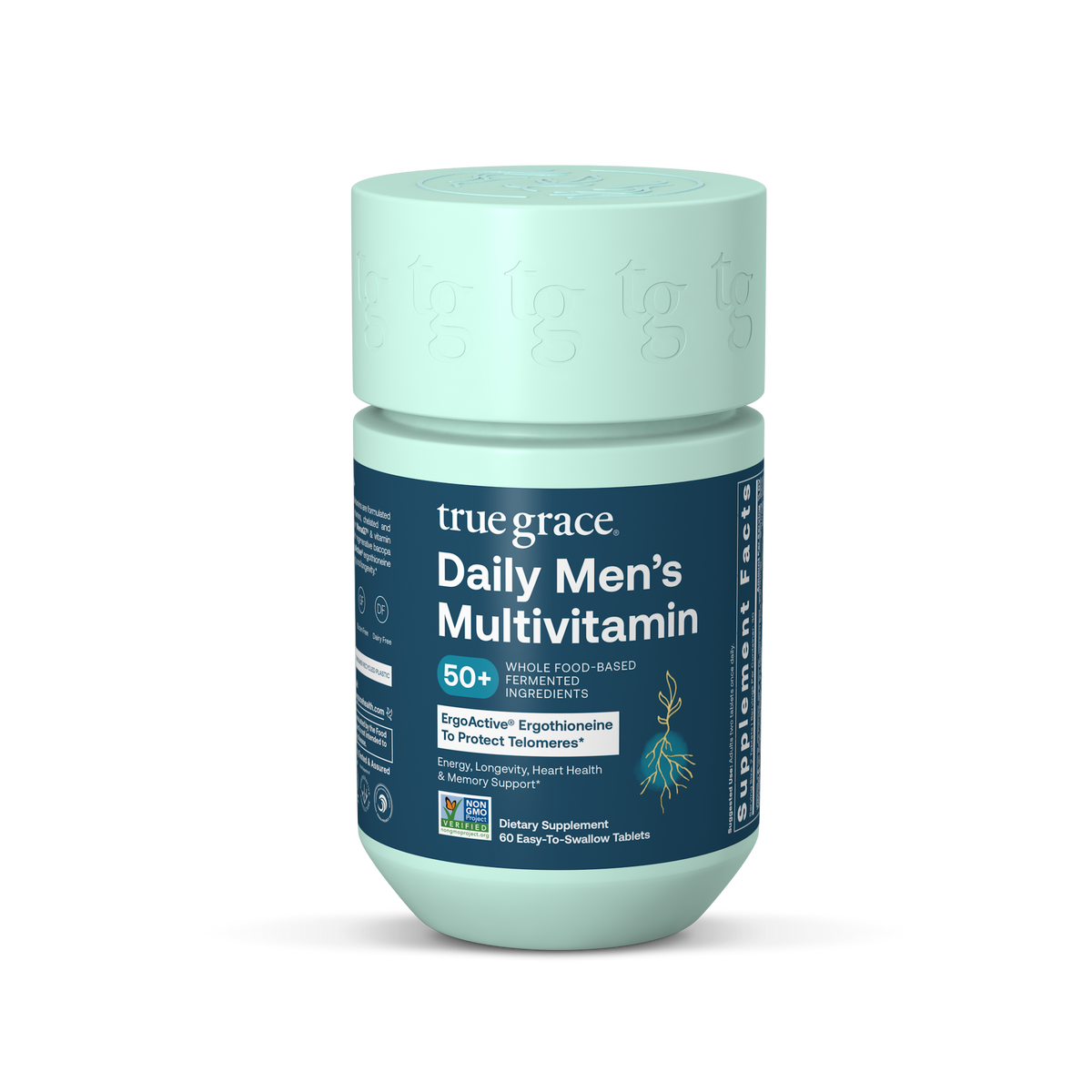 Men’s multivitamin bottle, mint base with True Grace label and blue ingredient panel