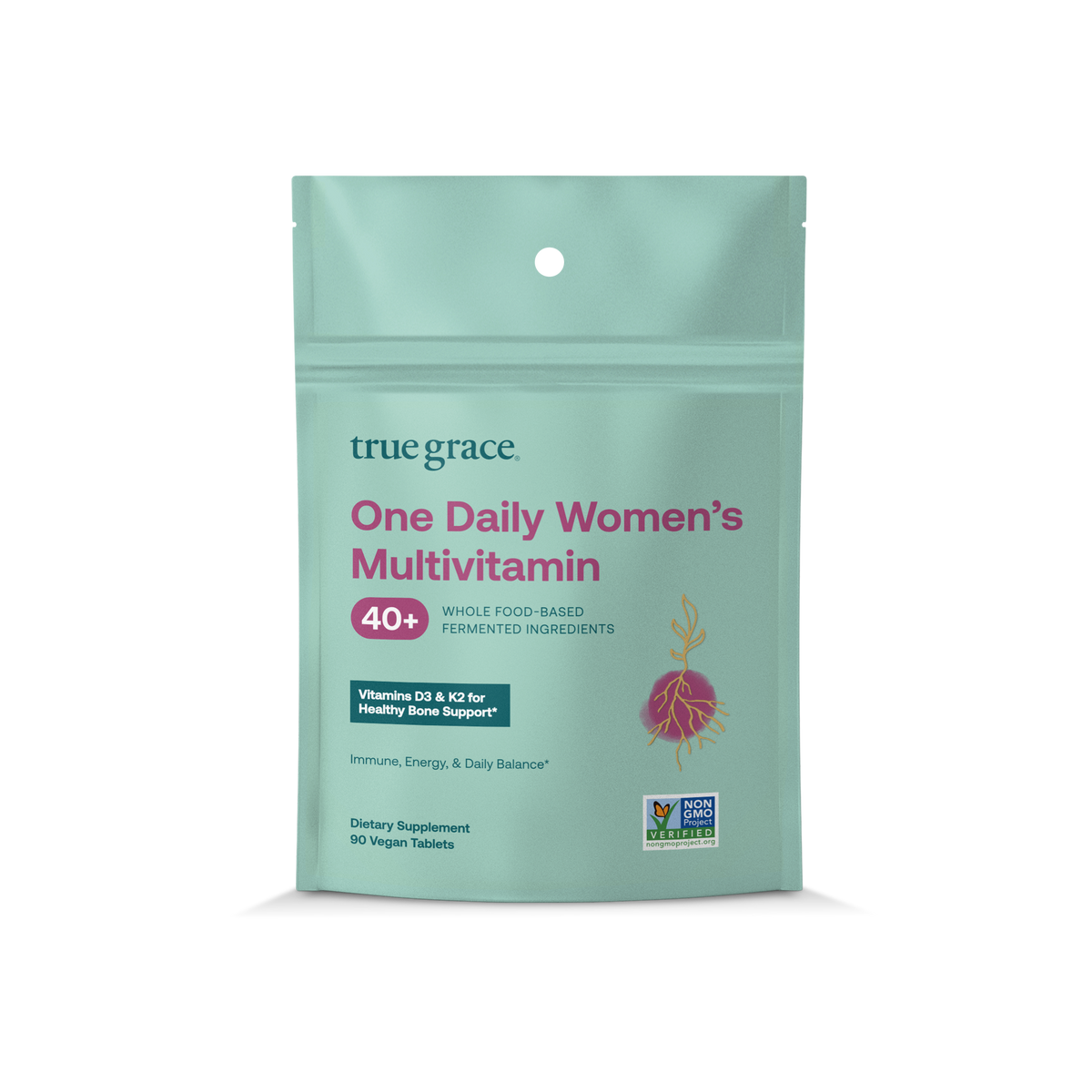Stand-up multivitamin pouch with True Grace branding, teal label and resealable top