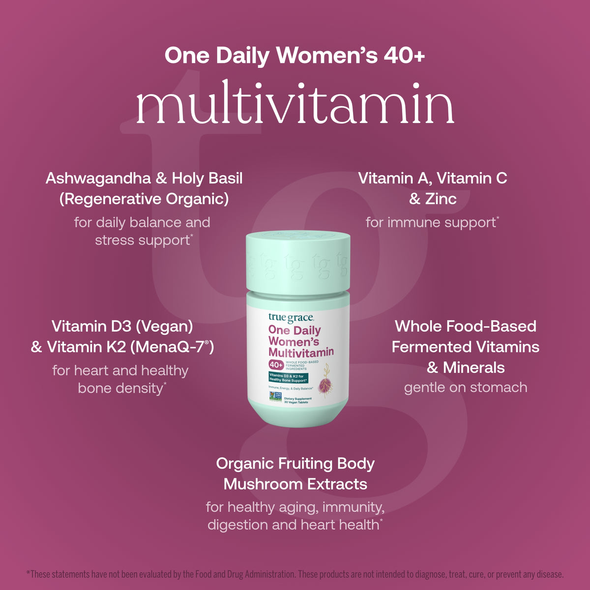 Teal multivitamin bottle for women 40+ with callouts for vitamins and minerals