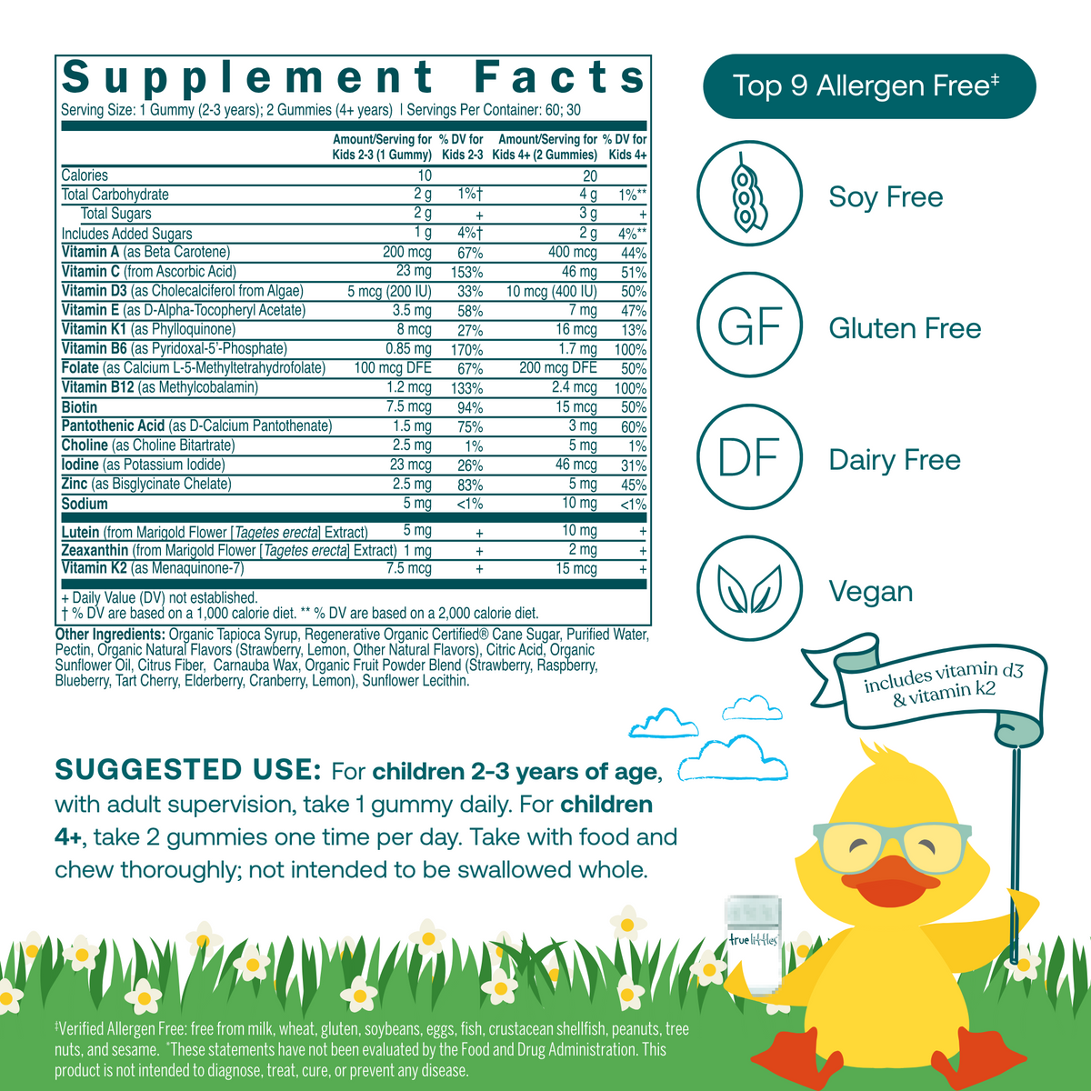 Supplement Facts panel and allergen-free icons for Daily Kids multivitamin gummies
