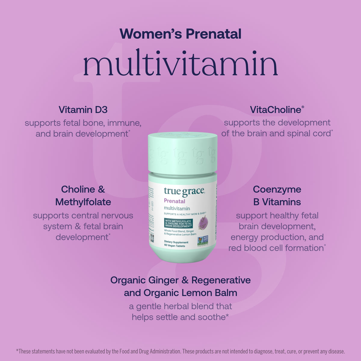 Women’s prenatal multivitamin packaging card featuring bottle and key nutrient callouts.