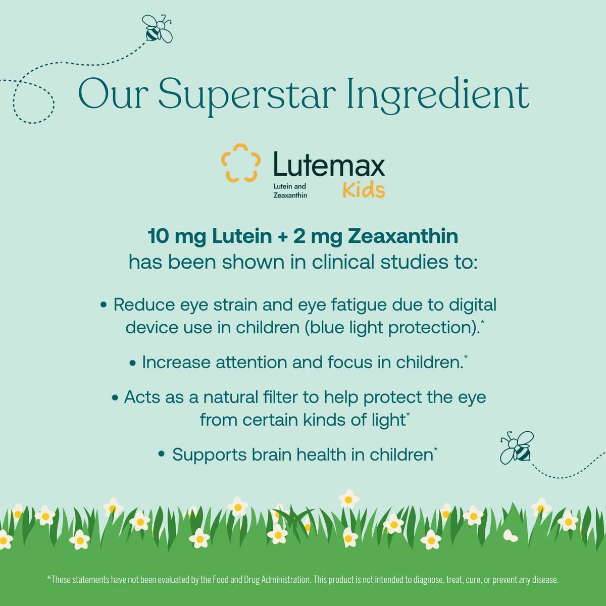Lutemax Kids ingredient information graphic with 10 mg lutein and 2 mg zeaxanthin