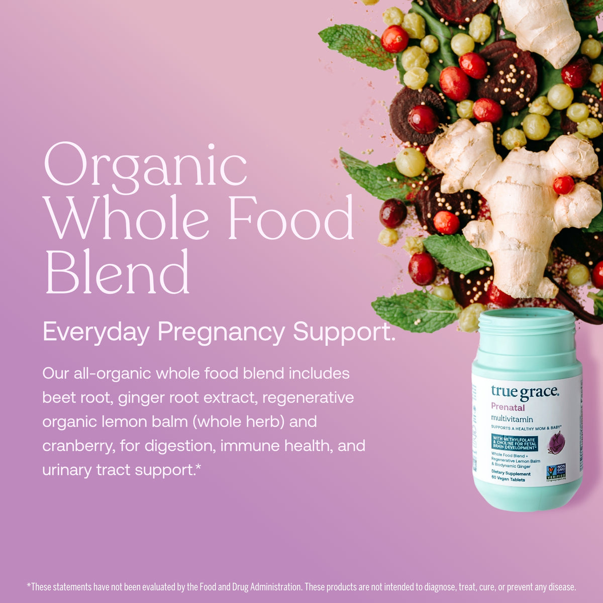 Prenatal multivitamin bottle with label and Organic Whole Food Blend text.