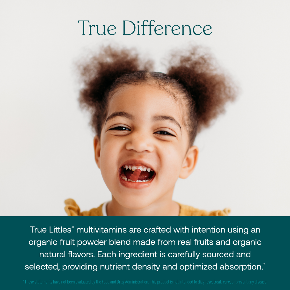 Kids multivitamin marketing card with smiling child and 'True Difference' text