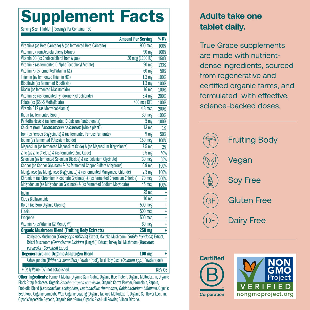 Supplement Facts label for True Grace One Daily Women’s multivitamin tablets