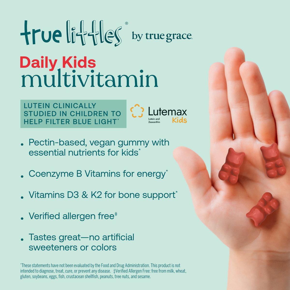 Hand holding red gummy shapes beside True littles Daily Kids multivitamin claims