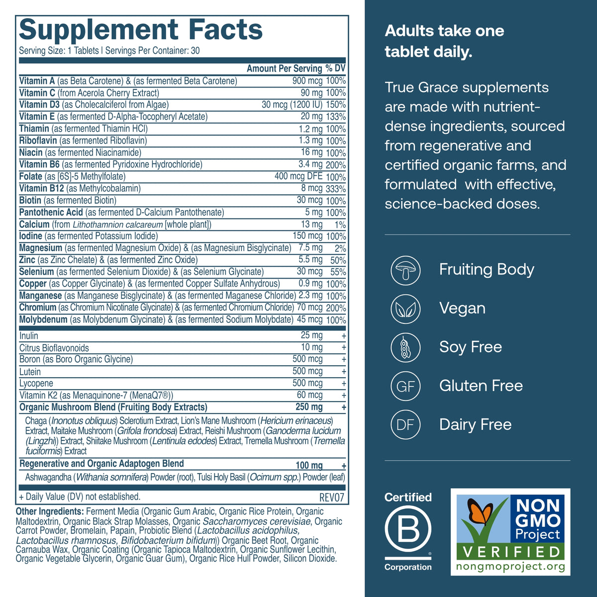 Supplement Facts nutrition chart with dietary badges, including vegan and non-GMO
