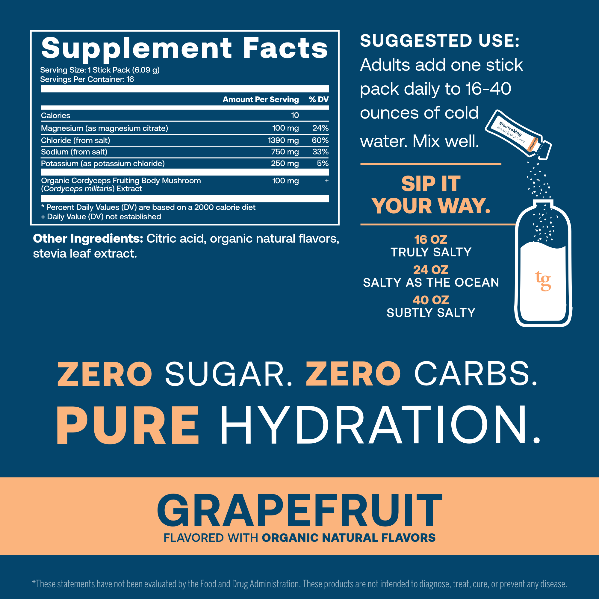 750 mg sodium for fluid balance and cellular communication.*
250 mg potassium supports blood pressure, fluid balance, and muscle health to reduce cramps from exercise.*
100 mg magnesium for heart health and stress support.*
1390 mg chloride to maintain pH balance and cell function, aiding oxygen and CO2 flow.*
100 mg organic fruiting body cordyceps mushroom for endurance support*
Zero sugar. Zero Carbs. Pure Hydration.*
Non-GMO Project Verified