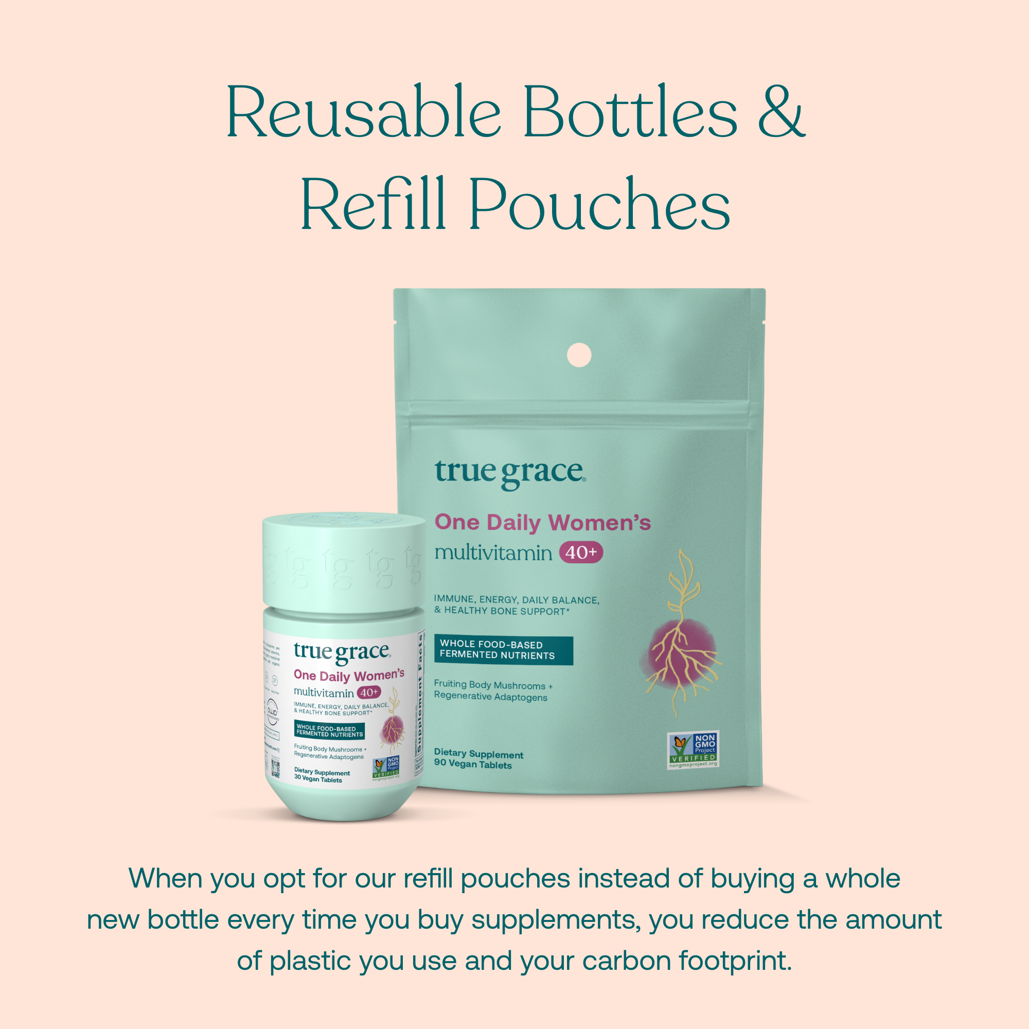 When you opt out for our refill pouches instead of buying a whole new bottle every time you buy supplements, you reduce the amount of plastic you use and your carbon footprint.
