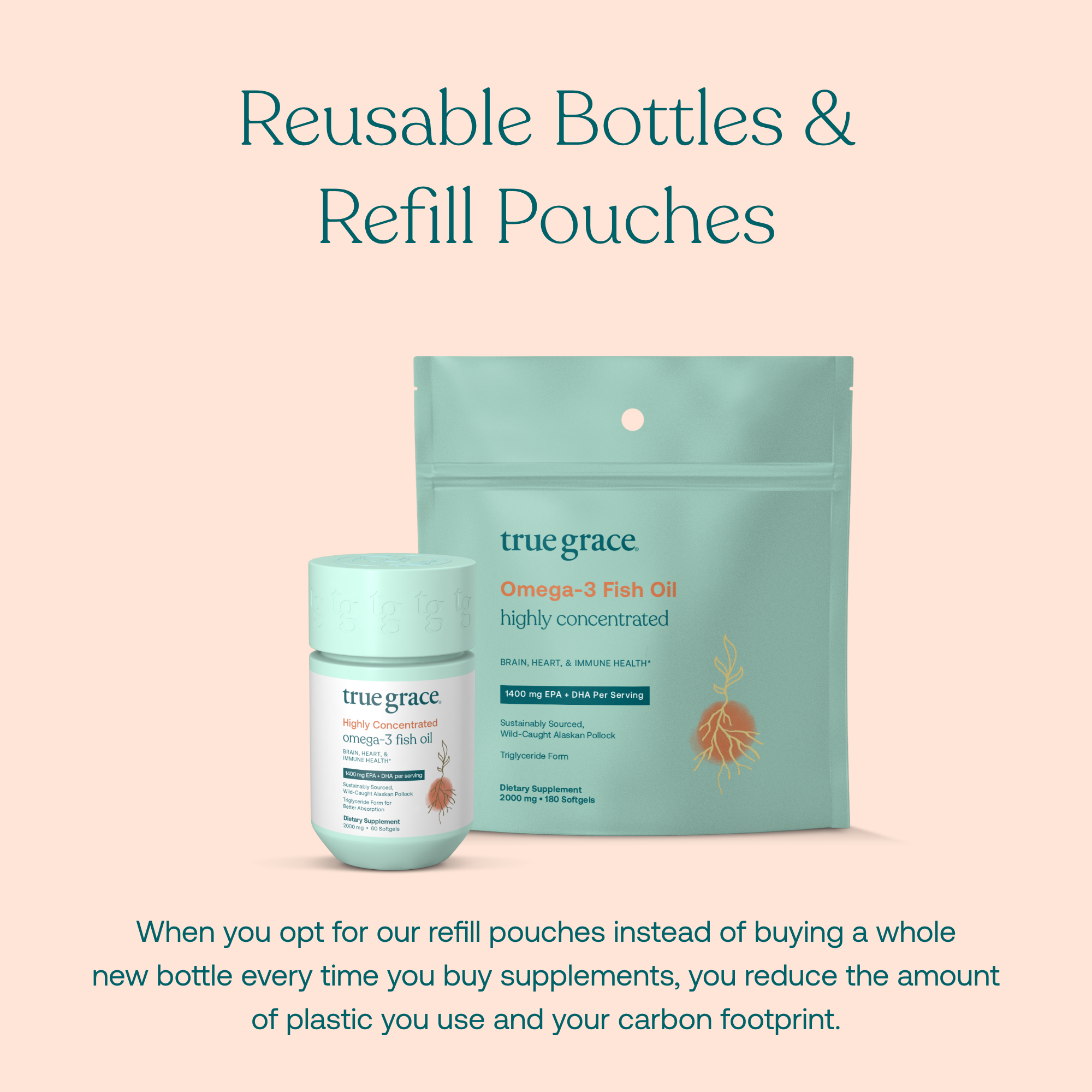 When you opt for our refill pouches instead of buying a whole new bottle every time you buy supplements, you reduce the amount of plastic you use and your carbon footprint.