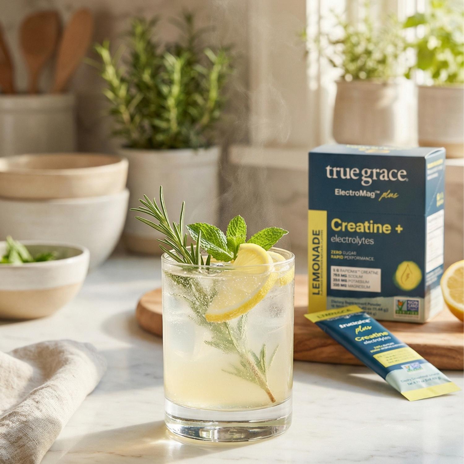 Glass of lemonade with garnishes on a kitchen counter next to True Grace Electrolyte Lemonade packaging.