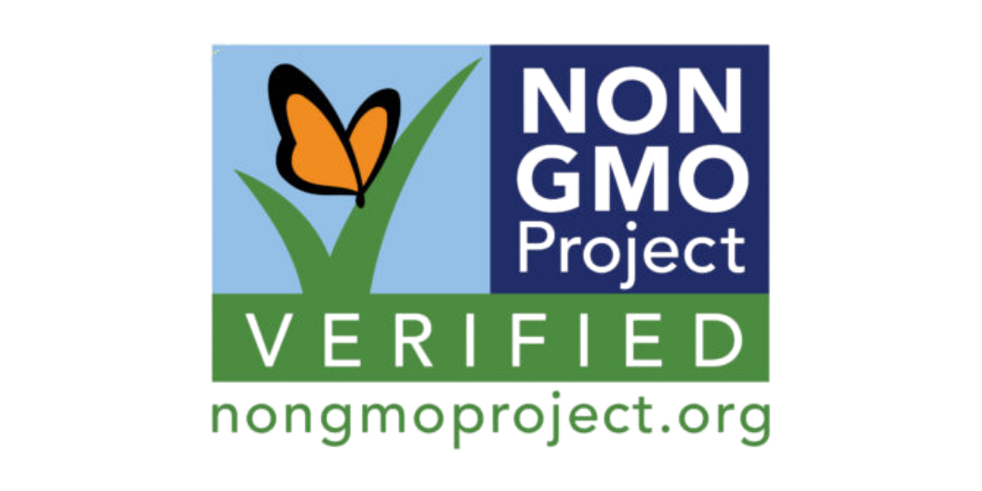 Non-GMO Project Verified logo with a butterfly and grass on a blue background