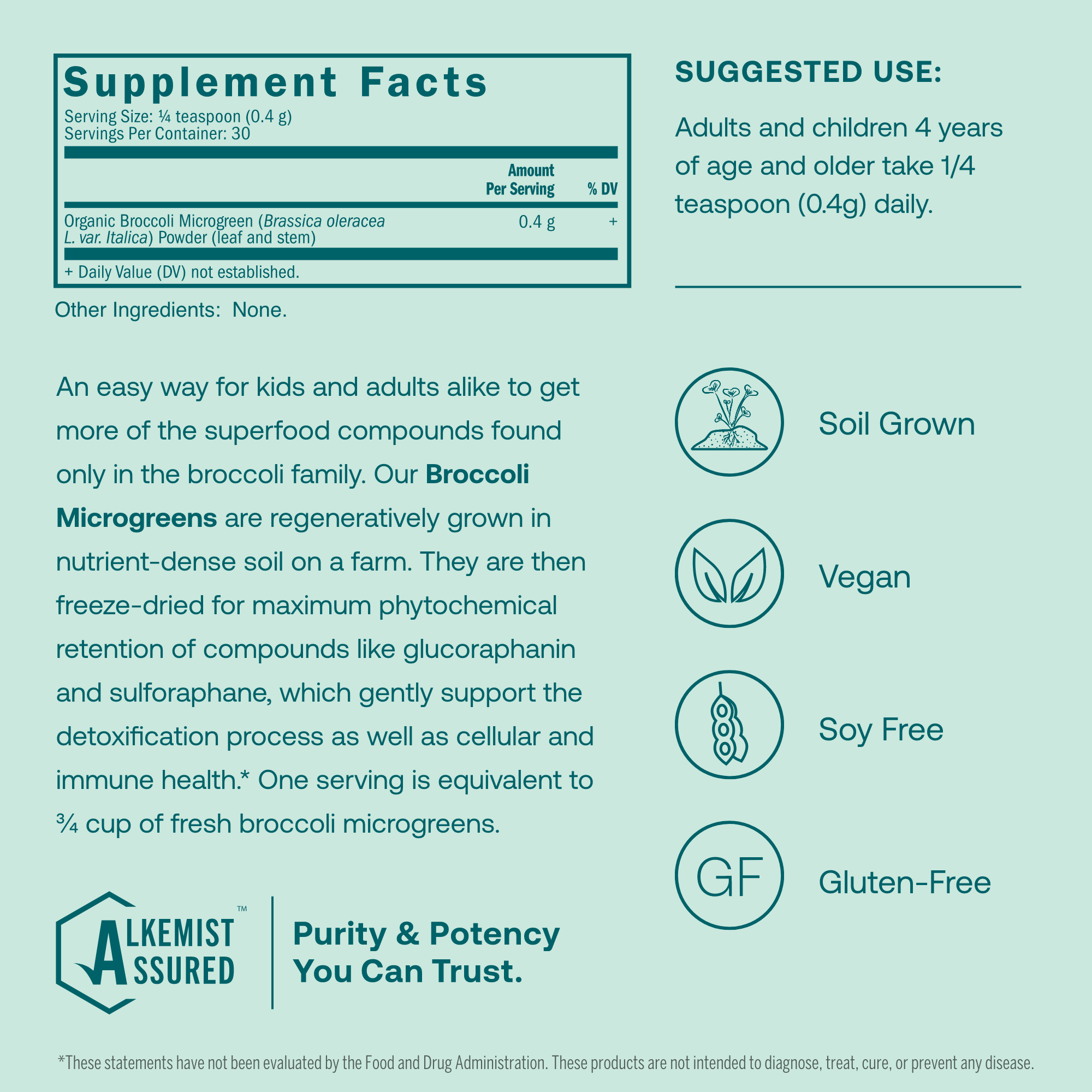 Supplement facts label for True Grace Broccoli Microgreens. Our Broccoli Microgreens are regeneratively grown in nutrient-dense soil on a farm. They are then freeze-dried for maximum phytochemical retention of compounds like glucoraphanin and sulforaphane, which gently support the detoxification process as well as cellular and immune health.* One serving is equivalent to 3/4 of fresh broccoli microgreens.