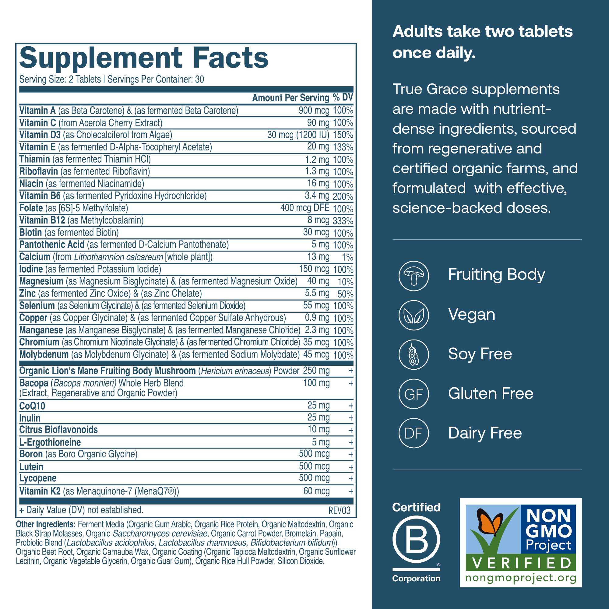 Supplement Facts label for True Grace Daily Men's Multivitamin 50+ with instructions for how to use and product information.