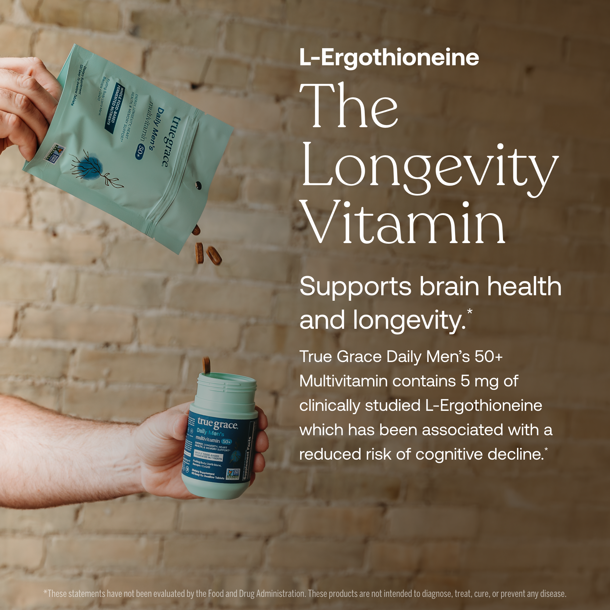 Person holding a supplement bottle and packaging with text about L-Ergothioneine the longevity vitamin and its benefits in True Grace Daily Mens Multivitamin 50+.