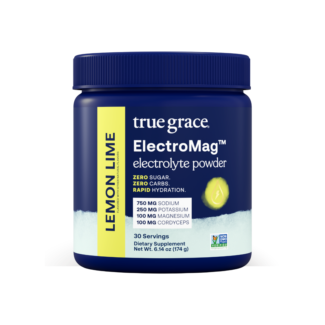 True Grace ElectroMag electrolyte powder container with lemon lime flavor
