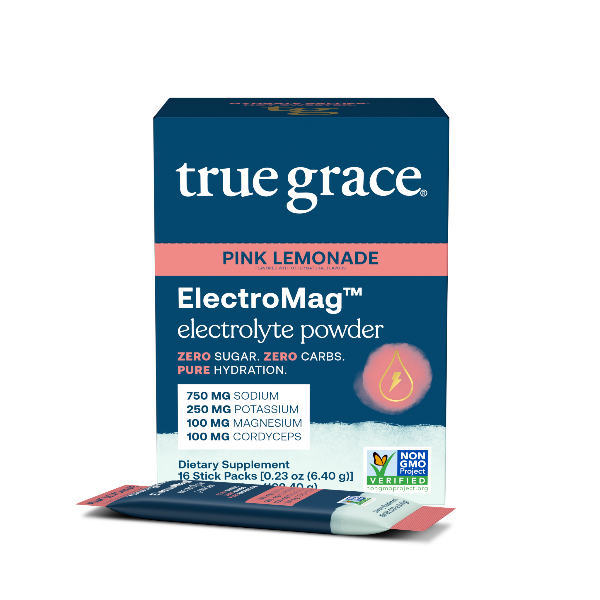 True Grace ElectroMag electrolyte powder packaging with pink lemonade flavor on a clear background