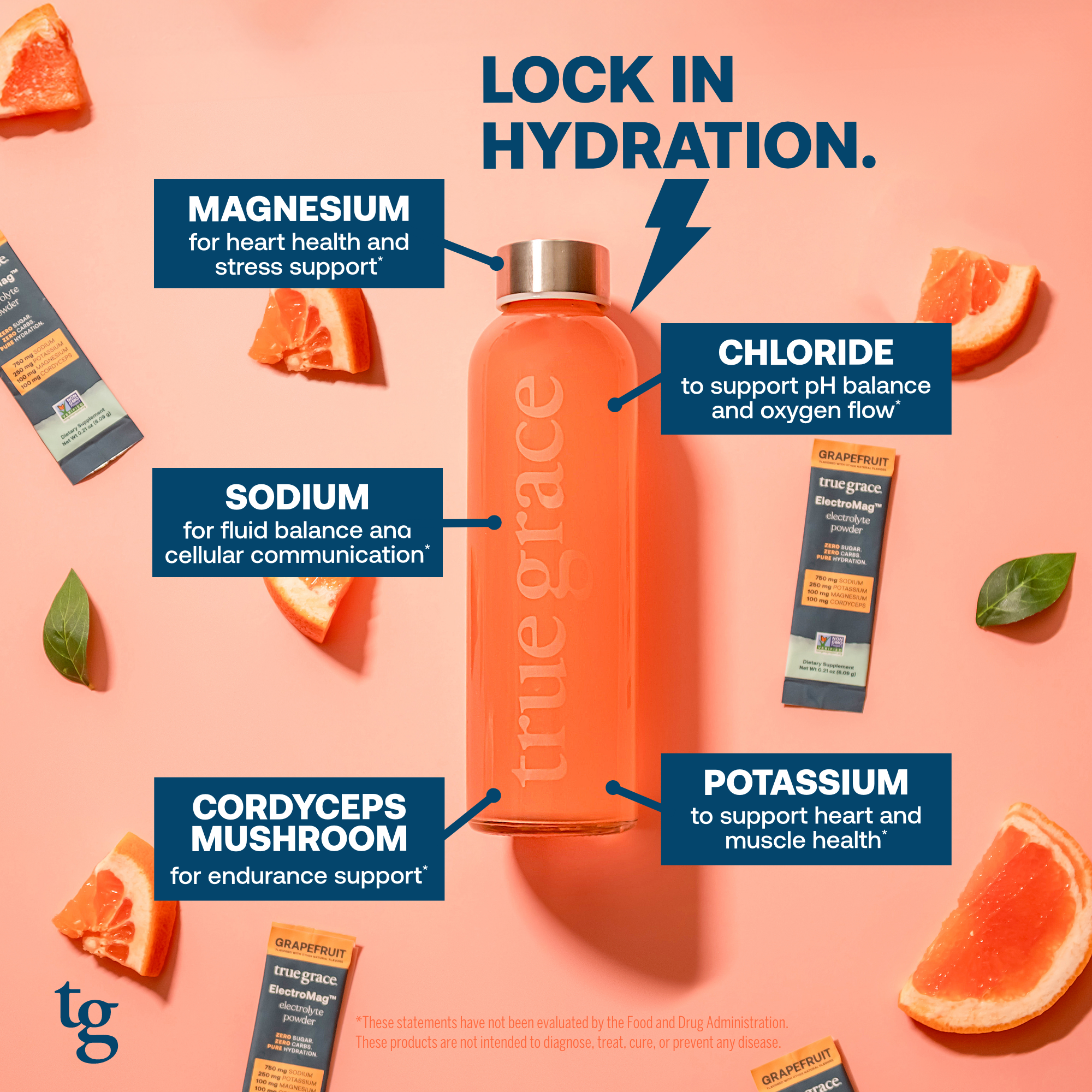 Lock In Hydration with True Grace ElectroMag.
Magnesium for heart health and stress support*
Chloride to support pH balance and oxygen flow*
Sodium for fluid balance and cellular communication*
Potassium to support heart and muscle health
Cordyceps Mushrooms for endurance support*