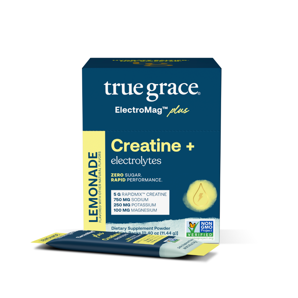 True Grace ElectroMag Plus Creatine + Electrolytes lemonade supplement packaging on a white background with rapidmix creatine