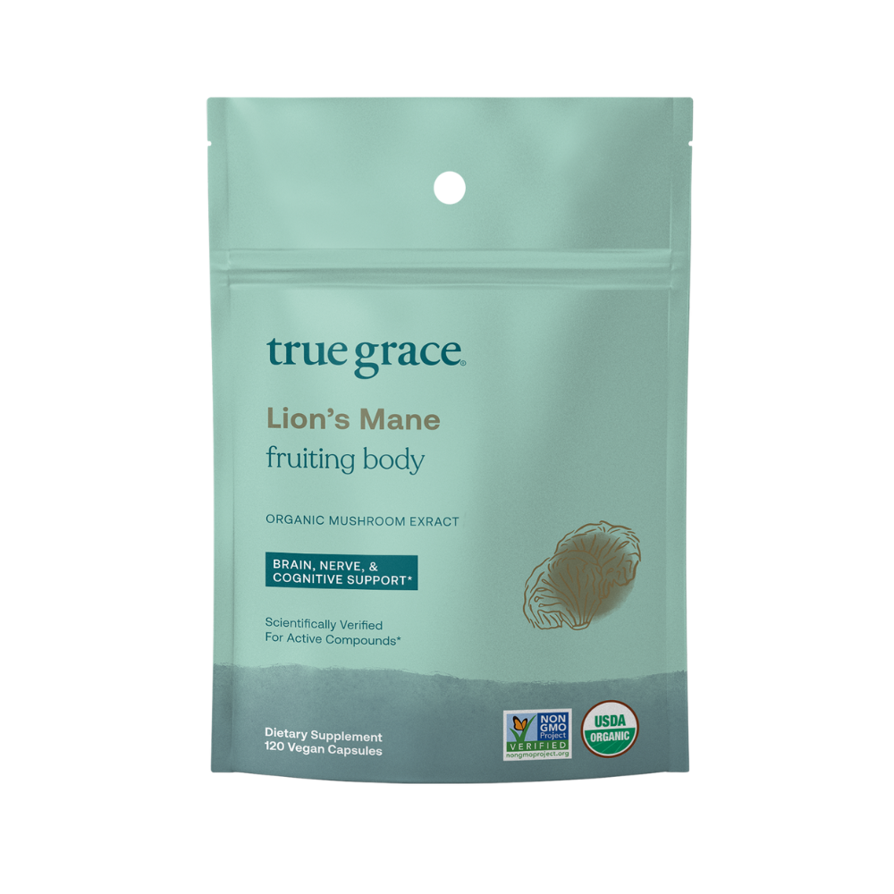 True Grace Lion's Mane fruiting body organic mushroom supplement for brain, nerve, and cognitive support. 120 vegan capsules product pouch on white background.