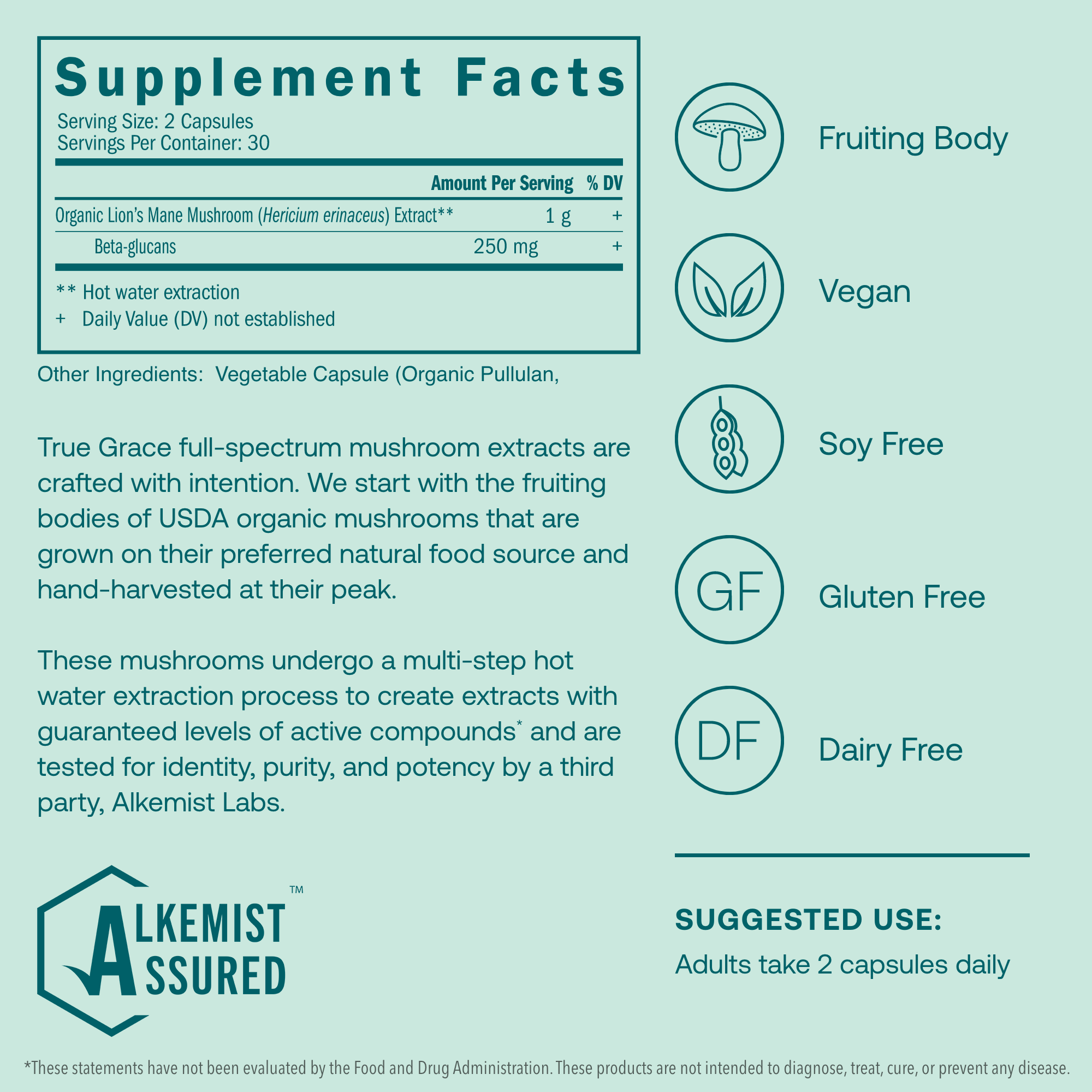 True Grace Lion's Mane supplement facts and nutrition label on blue background. True Grace full-spectrum mushroom extracts are crafted with intention. We start with the fruiting bodies of USDA organic mushrooms that are grown on their preferred natural food source and hand-harvested at their peak.
These mushrooms undergo a multi-step hot water extraction process to create extracts with guaranteed levels of active compounds* and are tested for identity, purity, and potency by a third party, Alkemist Labs.