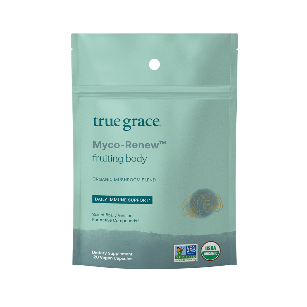 True Grace Myco-Renew Fruiting Body organic mushroom blend provides daily immune support product package on white background.