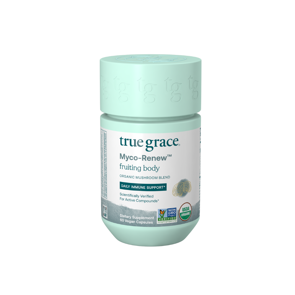 True Grace Myco-Renew Blend Mushroom Supplements for Daily Immune Support
1 g daily to support a healthy immune system*
Contains 6 different mushroom species: Reishi, Lion’s Mane, Turkey Tail, Chaga, Maitake, and Shiitake
Broad range of myco-nutrients supports vitality, mental clarity, longevity, and more*
250 mg beta-glucans in every serving for immune support*
No grains, starch, or fillers
Certified USDA Organic fruiting body mushroom extract blend
Mushrooms are grown on their natural food source
