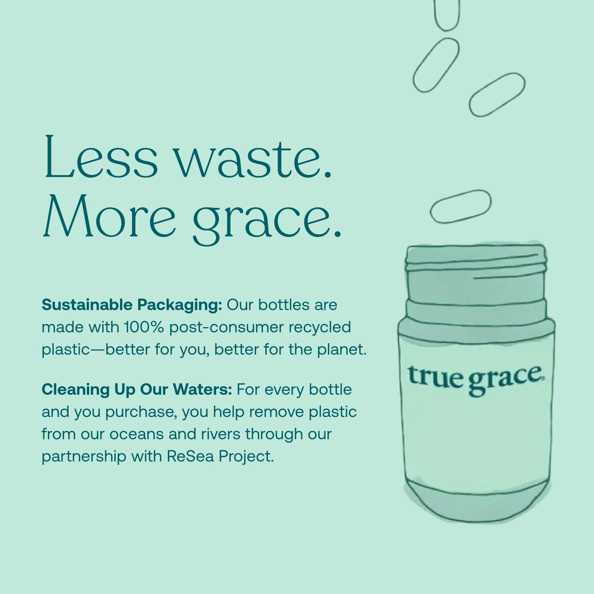 Sustainable packaging information for True Grace Omega-3 Fish Oil brand with text on a light green background