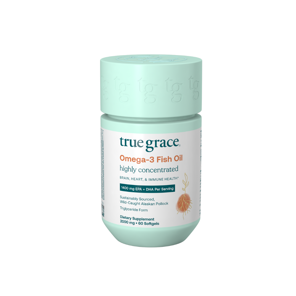 True Grace Omega-3 Fish Oil product package on white background. Designed for Brain, Heart, and Immune Health.
Sustainably sourced, wild-caught Alaskan fish
Provides 1400 mg of the essential fatty Acids EPA and DHA in triglyceride form
Supports healthy blood lipid levels and normal brain function*
Supports a healthy immune response*
May help support joint health*
Serving size: 2 softgels / day