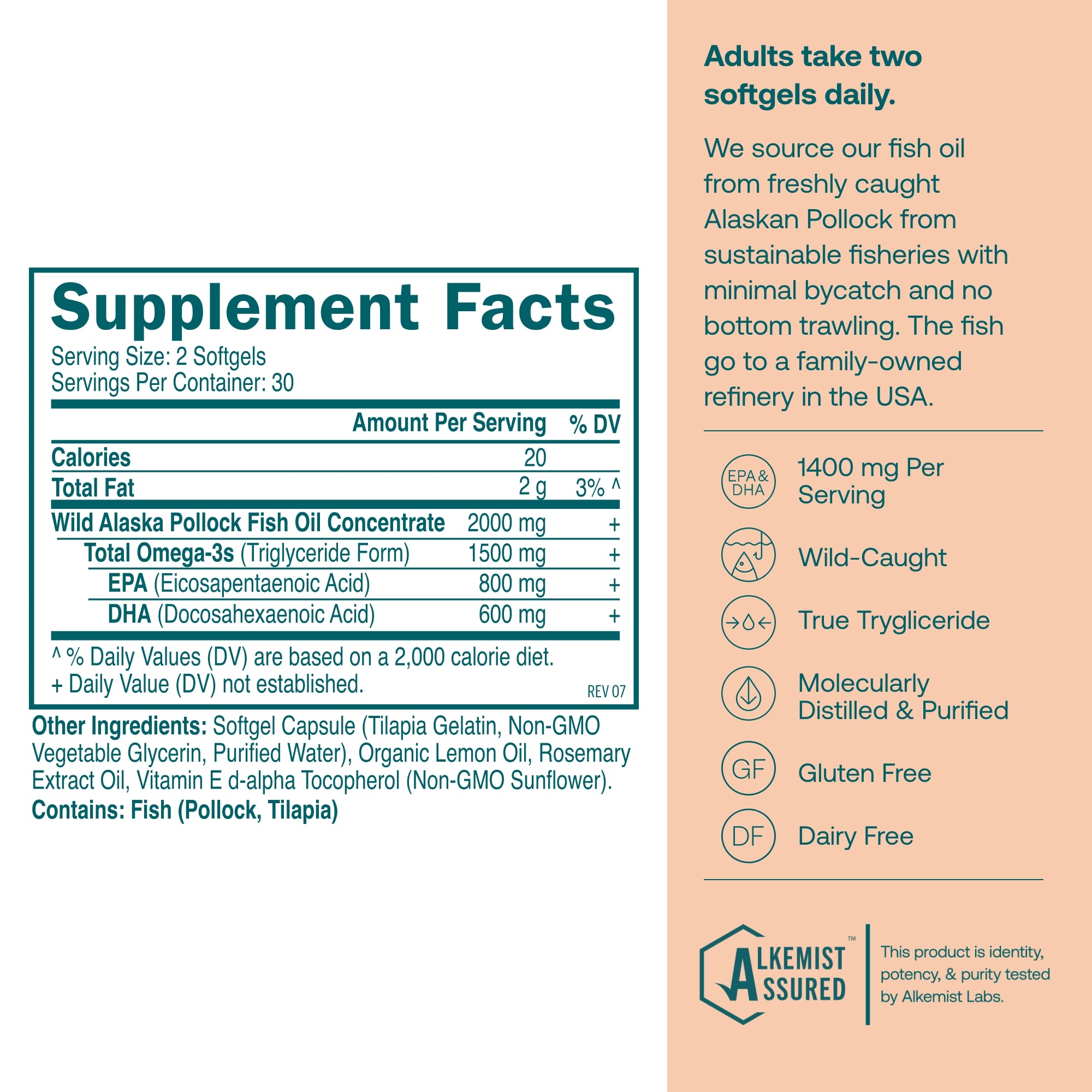 True Grace Omega-3 Fish Oil Supplement facts label for Wild Alaska Pollock Fish Oil Concentrate with Alkemist Assured branding.