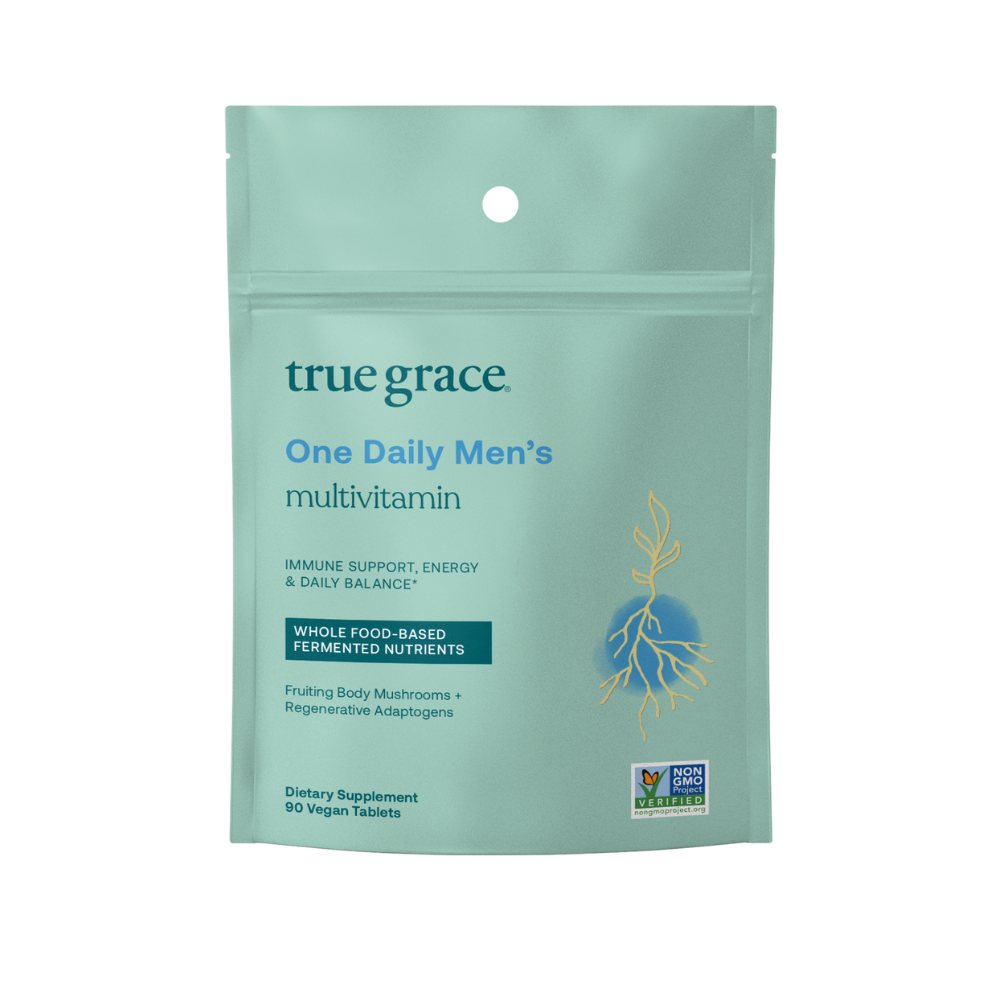 True Grace One Daily Men's Multivitamin product package with 90 vegan tablets on white background. Provides daily Multivitamin for Immune Support, Energy, and Daily Balance*
- Vitamin A, Vitamin D3, and Zinc for immune support*
- Coenzyme B Vitamins for energy*
- Regenerative and organic adaptogens for daily balance*
- Organic mushroom fruiting body blend