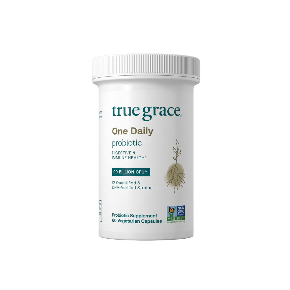 True Grace One Daily Probiotic for Digestive and Immune Support:*
- 90 Billion CFU at time of manufacturing (30 Billion CFU at expiration)
- 12 quantified and DNA-verified probiotic cultures to support digestive and immune health*
- Prebiotic fiber to support beneficial bacteria*
- Patented DRCaps® allow the probiotics to survive
- Patented shelf-stable CSP™ bottle protects the probiotics from moisture, light, and oxygen