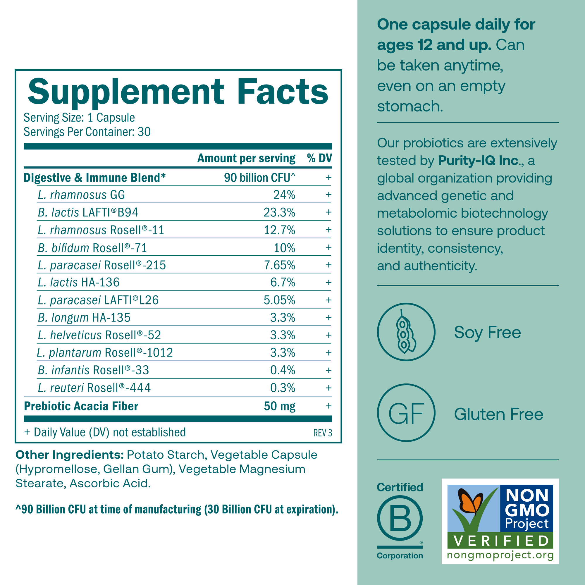 True Grace One Daily Probiotic Supplement facts label with probiotic content on a light blue background