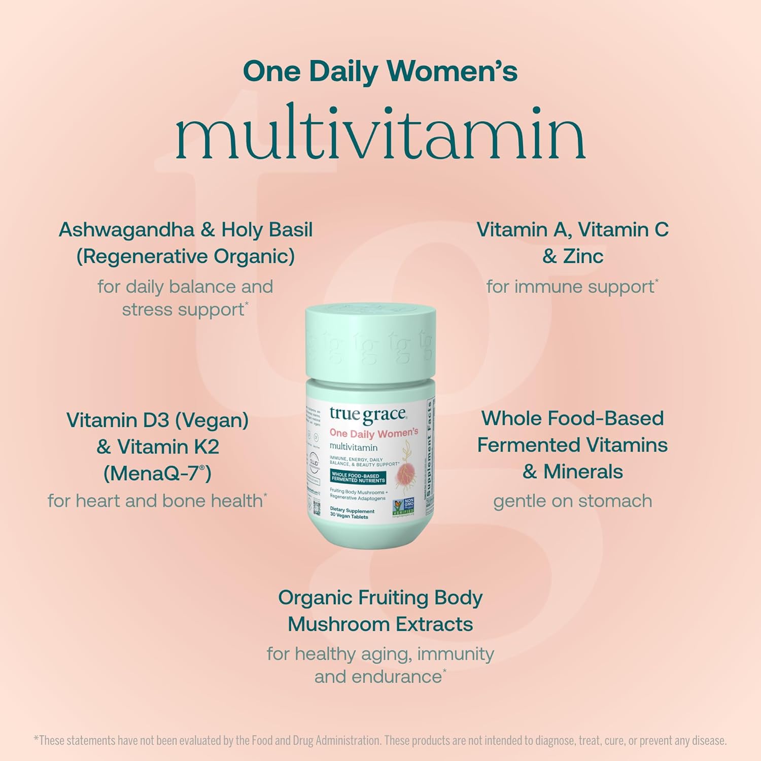 True Grace One Daily Women's Multivitamin product bottle with ingredients and their benefits listed on a pink background