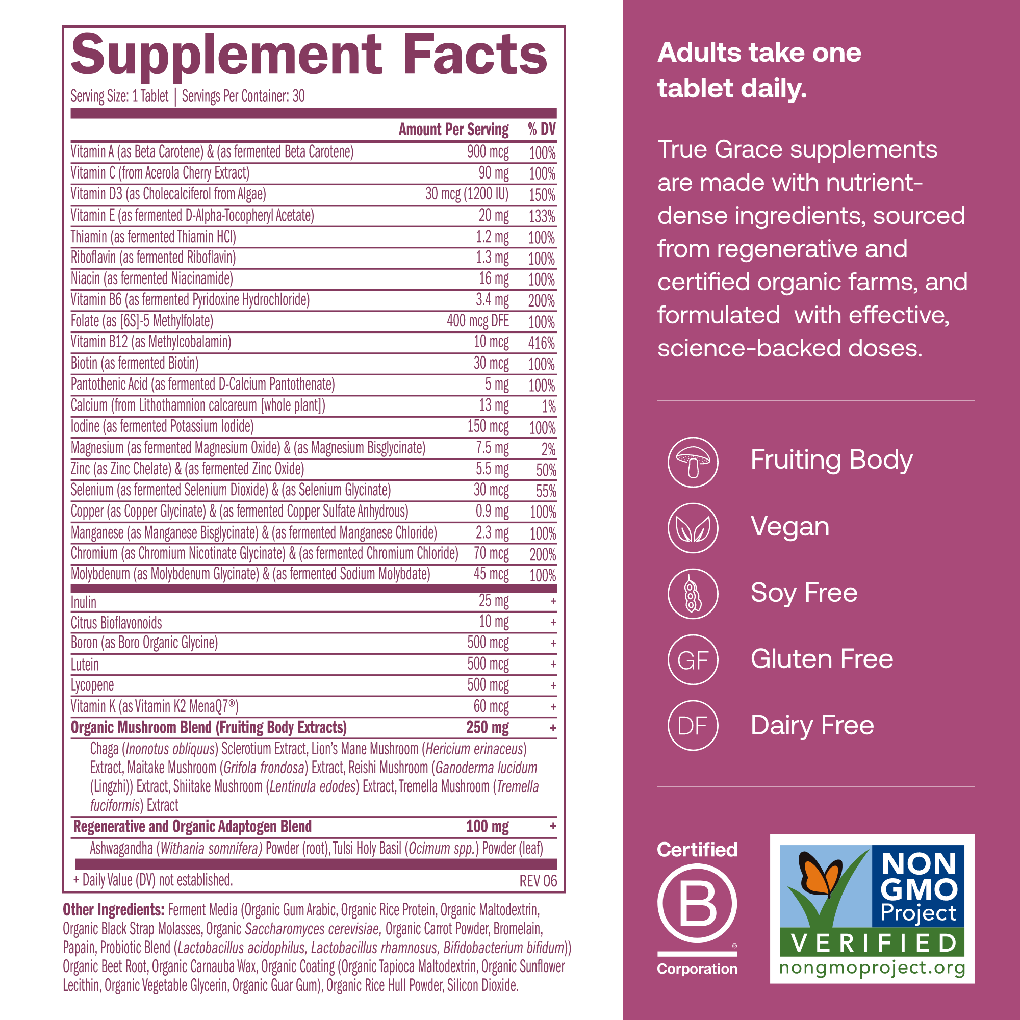 True Grace One Daily Women's 40+ Multivitamin Supplement facts label with nutritional information and certification logos on a pink background.