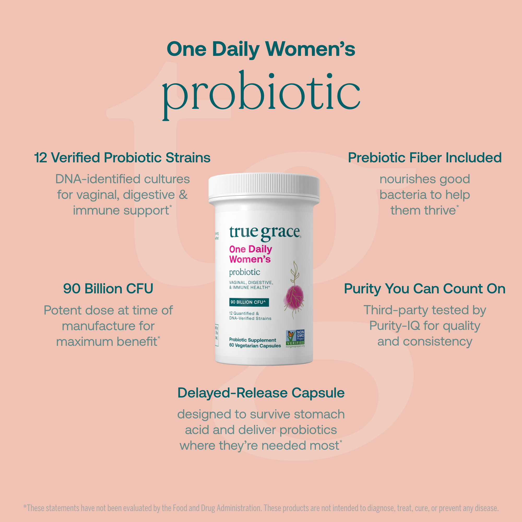 True Grace One Daily Women's Probiotic container on a pink background with text highlighting features and ingredient details.