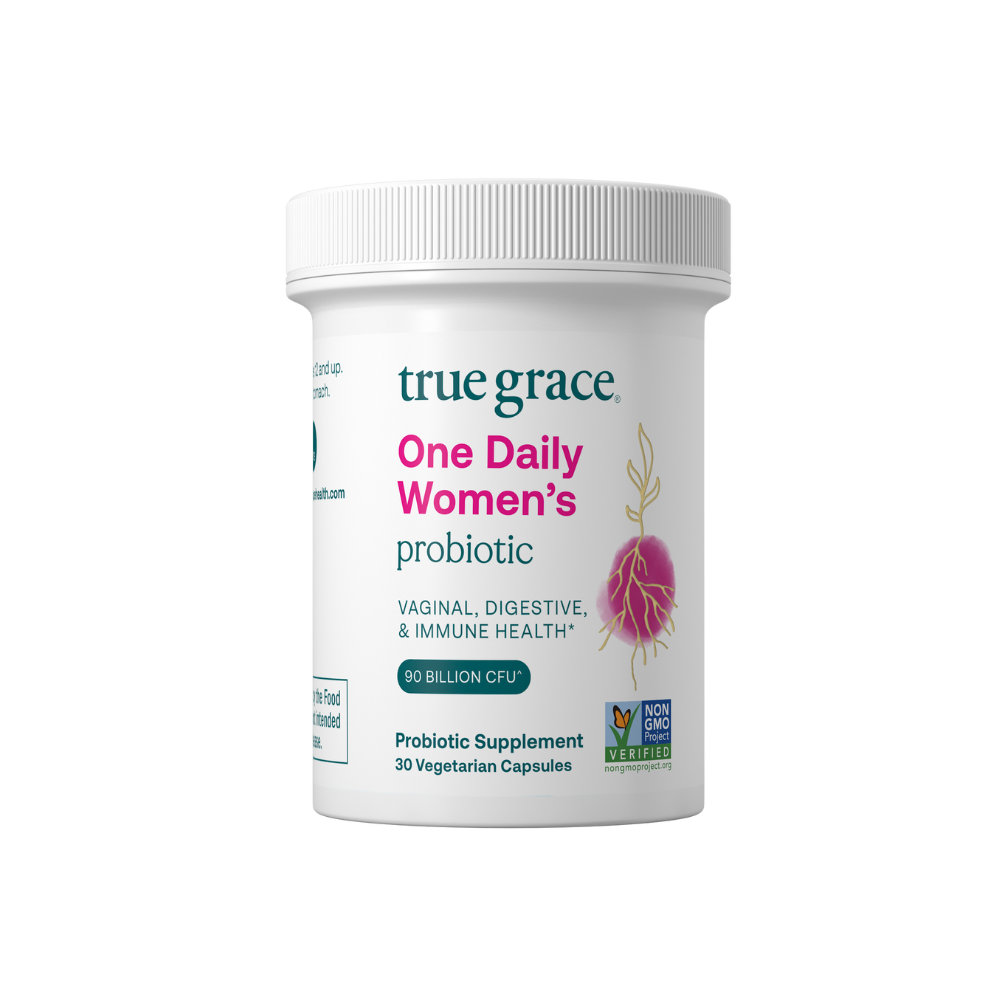 True Grace One Daily Probiotics supplement bottle on white background. Prebiotics are “food” for probiotics and help the probiotics thrive. When probiotics “eat” prebiotics, they produce byproducts that provide additional digestive benefits.*
True Grace uses Acacia Fiber as our prebiotic fiber—a plant fiber known to be gentle on the digestive system.*