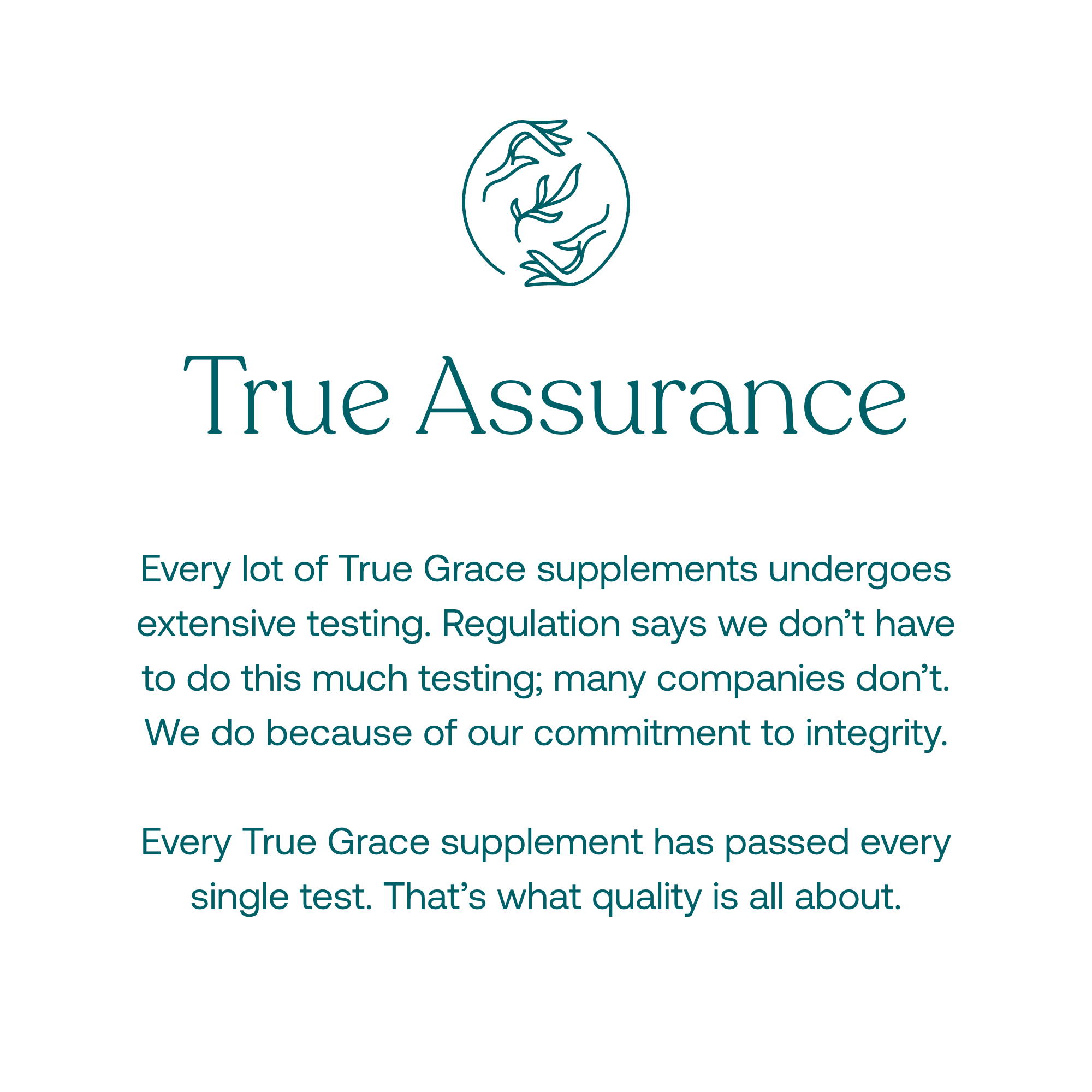 True Grace One Daily Women's Probiotic True Assurance branding with text about supplement testing and quality on a white background
