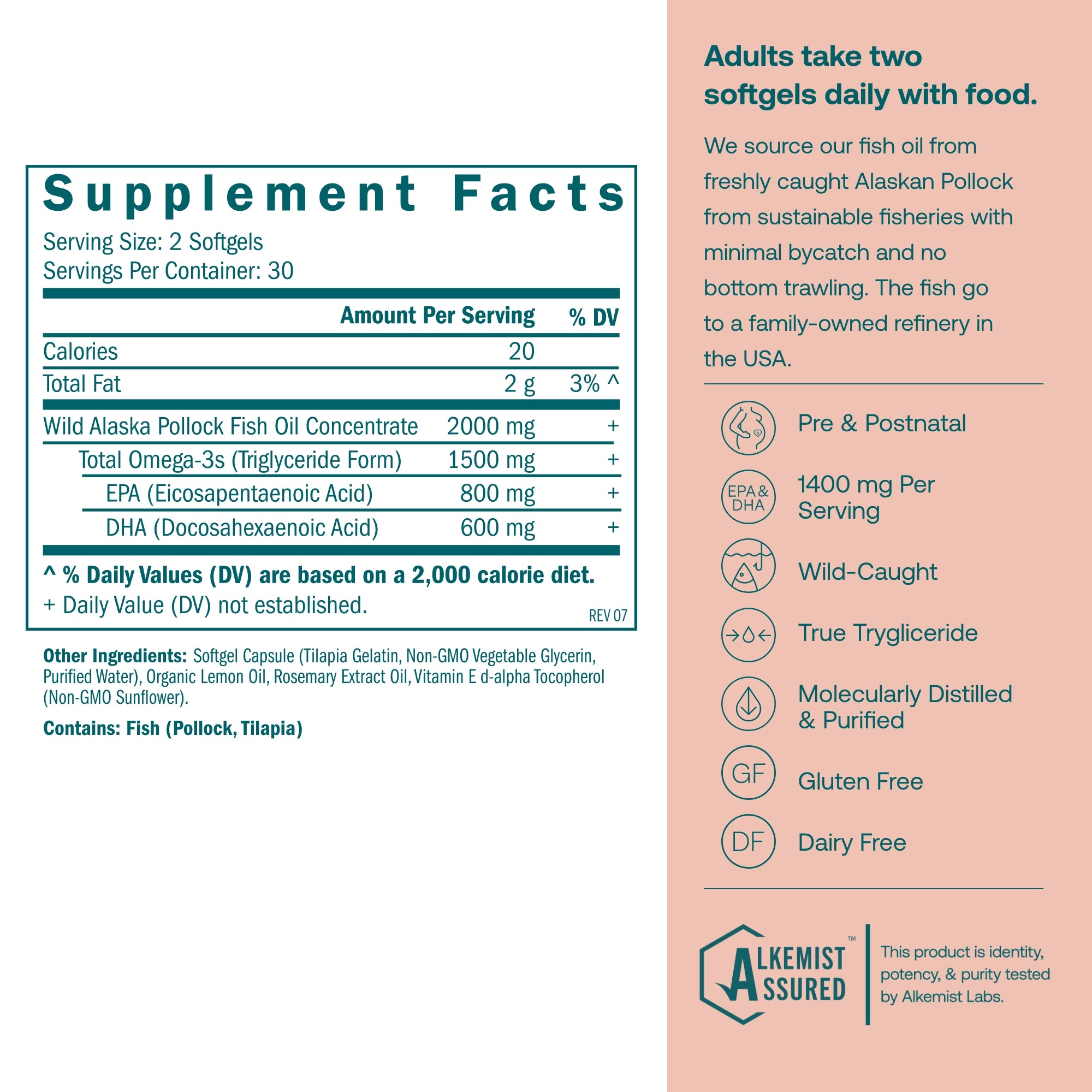 True Grace Prenatal DHA Supplement facts label for Wild Alaska Pollock Fish Oil Concentrate with Alkemist Assured logo.