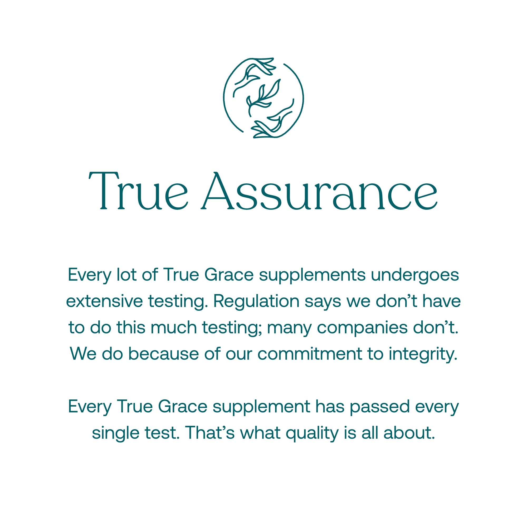 True Grace Prenatal DHA supplement True Assurance branding with text about supplement testing and quality on a white background