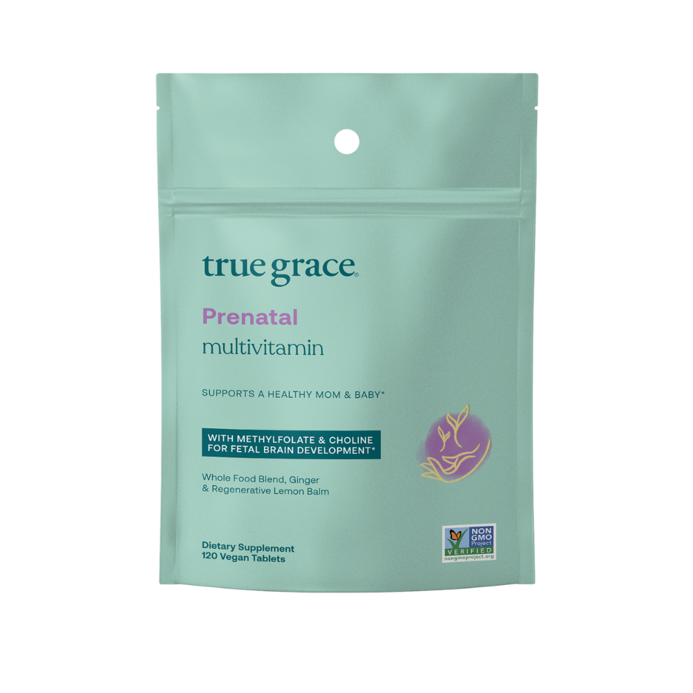 True Grace Prenatal Daily Multivitamin to Support a Healthy Mom & Baby*
- For women during pre-conception, pregnancy, and lactation
- With Methylfolate for fetal brain development*
- Excellent source of Choline to support central nervous system development*
- Regenerative organic lemon balm & organic ginger*
- 200% DV of Vitamin D3 for pregnant women
- 45 mcg per serving of Vitamin K2
- Includes an organic whole food blend
- Serving Size: 2 tablets / day
