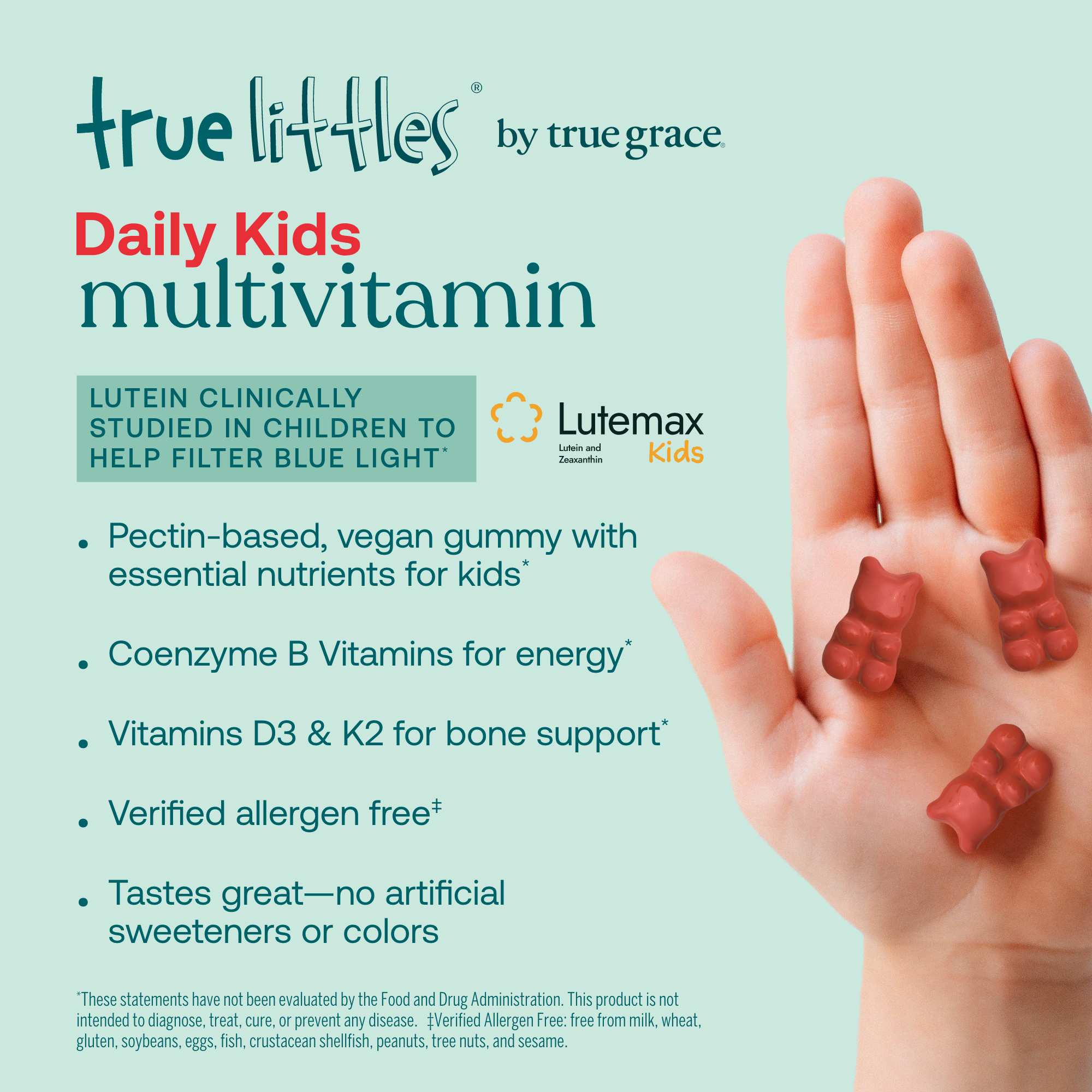 True Grace True Littles Daily Kids Multivitamin product and ingredient details designed to provide essential nutrients, energy, and bone support.