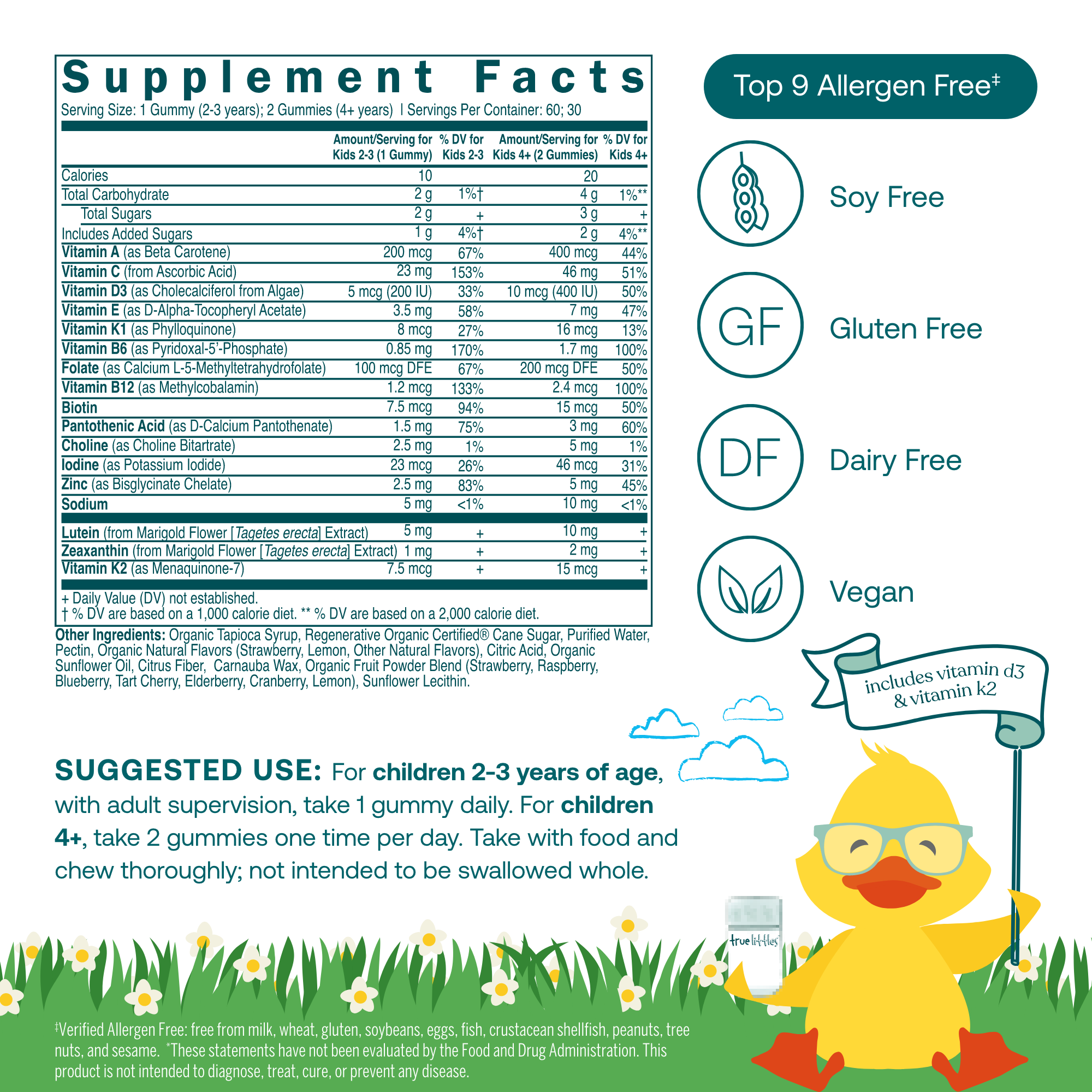 True Grace True Littles Daily Kids Multivitamin supplement facts and suggested use information on white background.