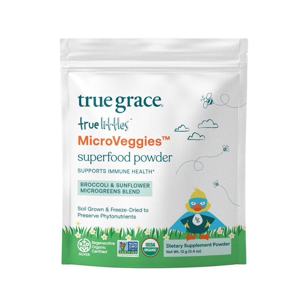 True Grace True Littles Microveggies superfood powder product package. Kids Daily Superfood for Immune Health. Easy way for kids to get more greens in their diet. Regenerative Organic Certified® (ROC®). Grown in nutrient-dense soil on a farm. Freeze-dried for maximum phytochemical retention*