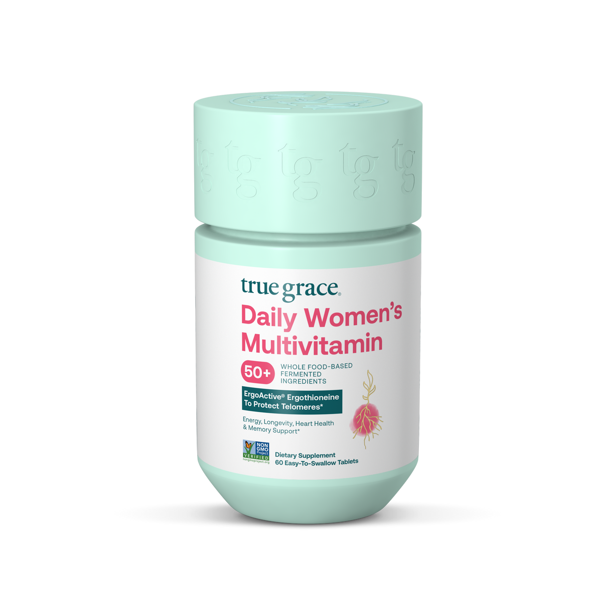 truegrace multivitamin supplement bottle with mint cap and pink label