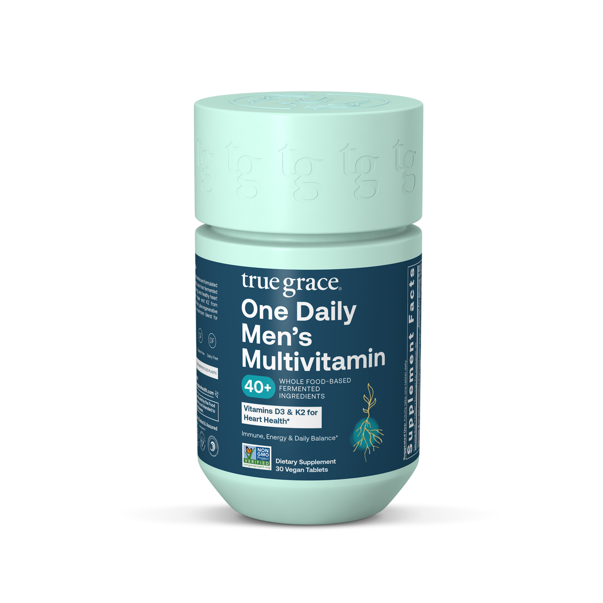Men's 40+ multivitamin bottle with blue label and pale green cap