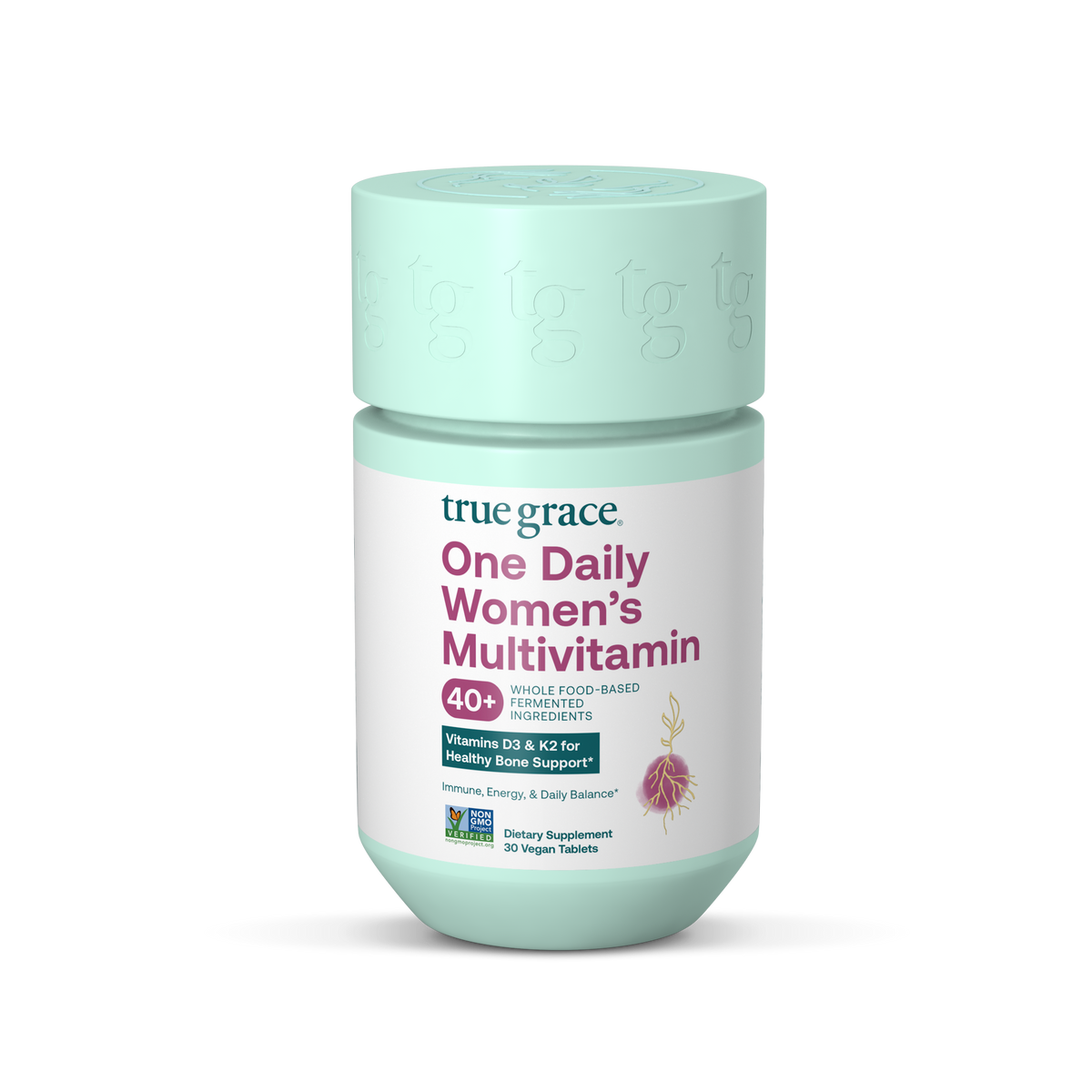 Teal multivitamin bottle with white cap and True Grace label, 30 vegan tablets