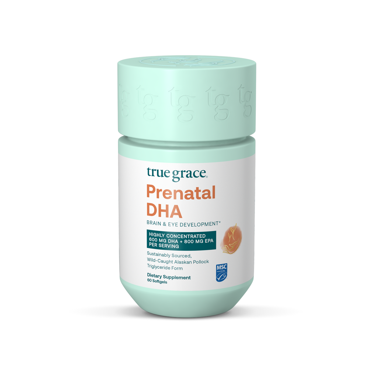 Prenatal DHA supplement bottle with teal cap and truegrace label, 60 softgels