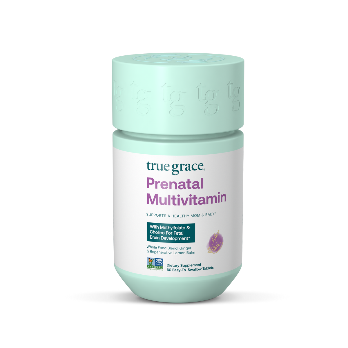 Prenatal multivitamin bottle with mint cap, true grace logo, and Prenatal Multivitamin label.