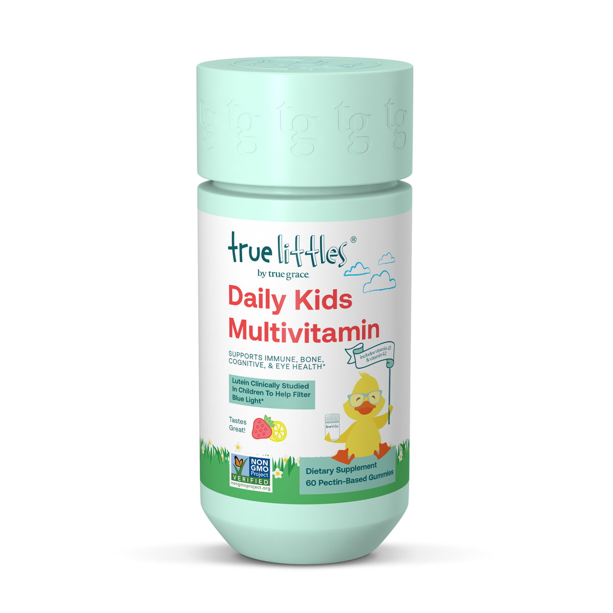 Kids daily multivitamin bottle with mint cap and label, True littles Daily Kids